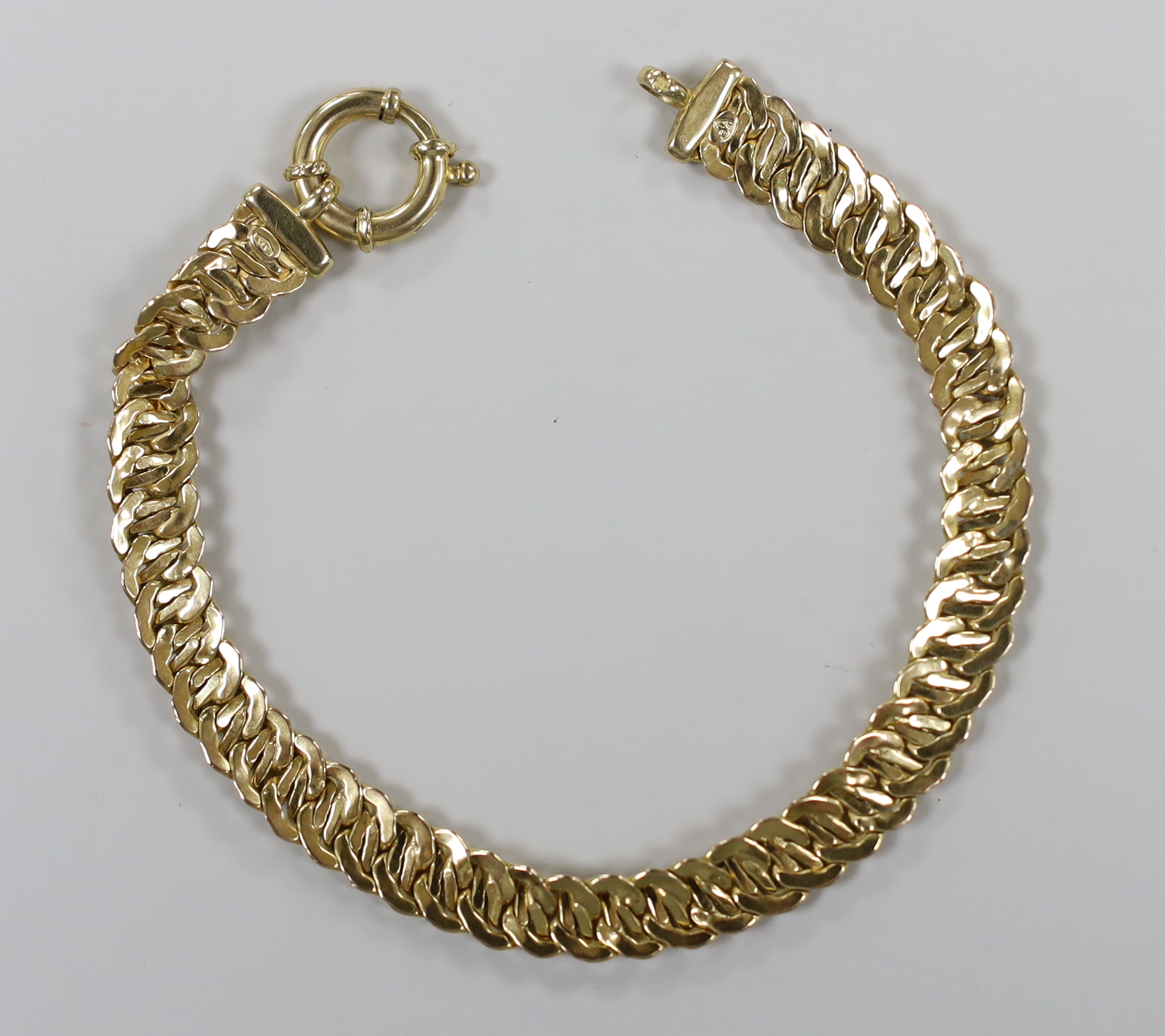 A modern 9ct gold fancy link bracelet, 20cm, 10.1 grams.